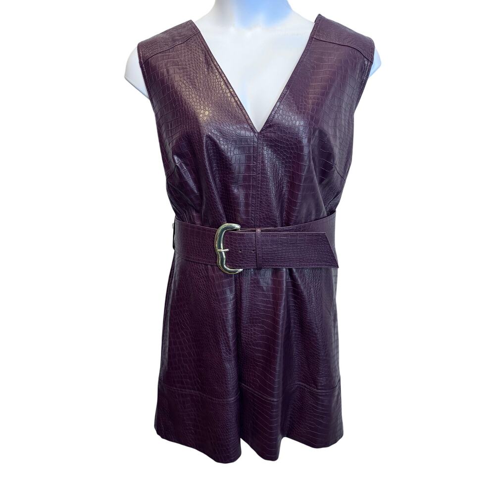 Tanya Taylor Reina Croc Embossed Vegan Leather Belted Mini Dress Plum Brown 22